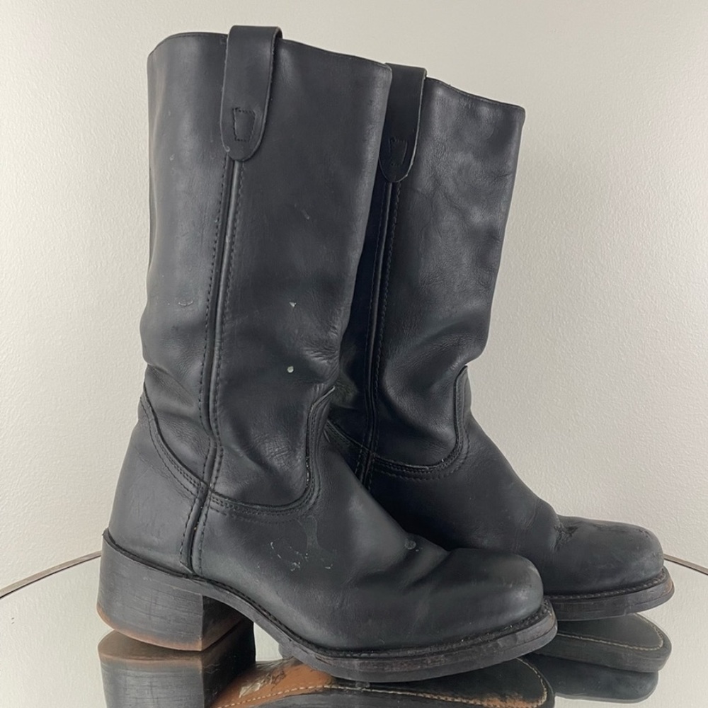 TEXAS Vintage 70’s Black Leather Square Toe Pull On Stacked Heel Cowboy Boots